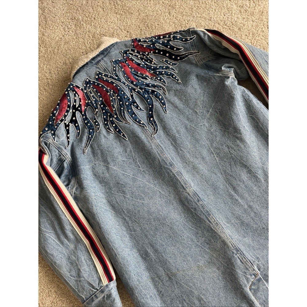 Uooyaa Denim Sherpa Trench Jacket Womens Size Small Flames Jeweled Sequin 160/80 - Picture 2 of 6